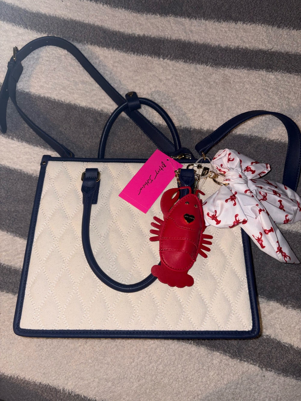 Betsey Johnson Navy Trim Cream Tote with Red Lobster Charm